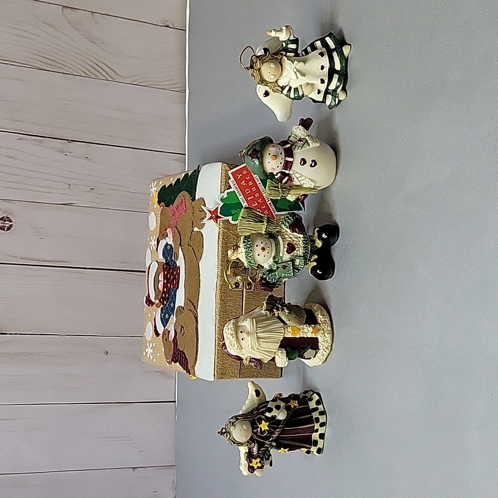 Vintage Folkart Christmas Ornaments in Decorated Box Angels Santa Snowmen